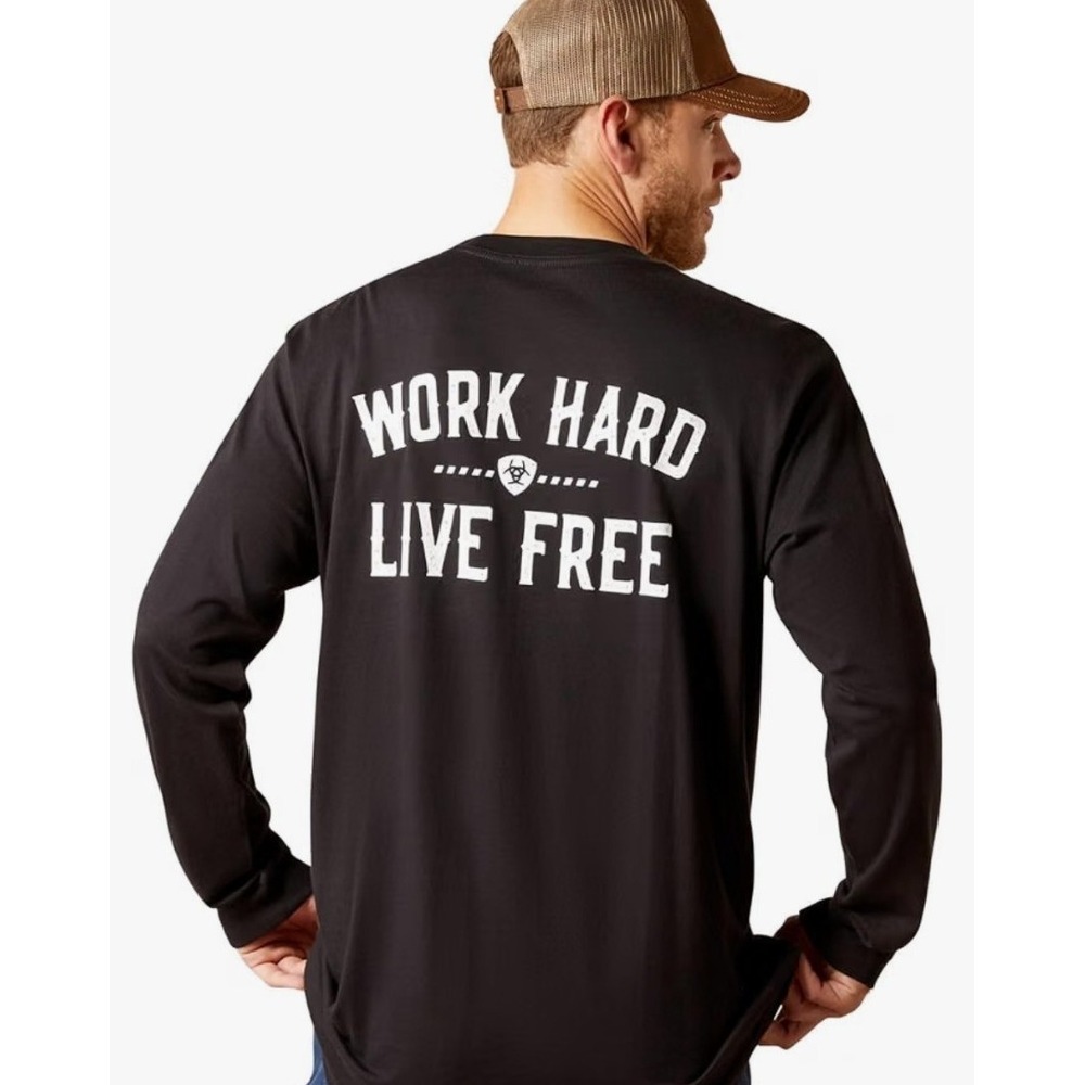Ariat Mens T-Shirt 3XL Black Work Hard Live Free Long Sleeve Pocket Western